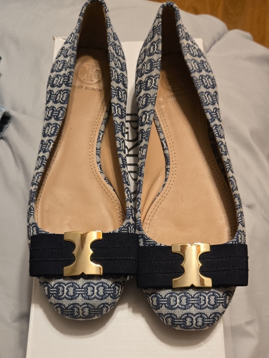 Tory Burch Shoes - Tory Burch Blue Patterned Logo Ribbon Flats with Gold Hardware